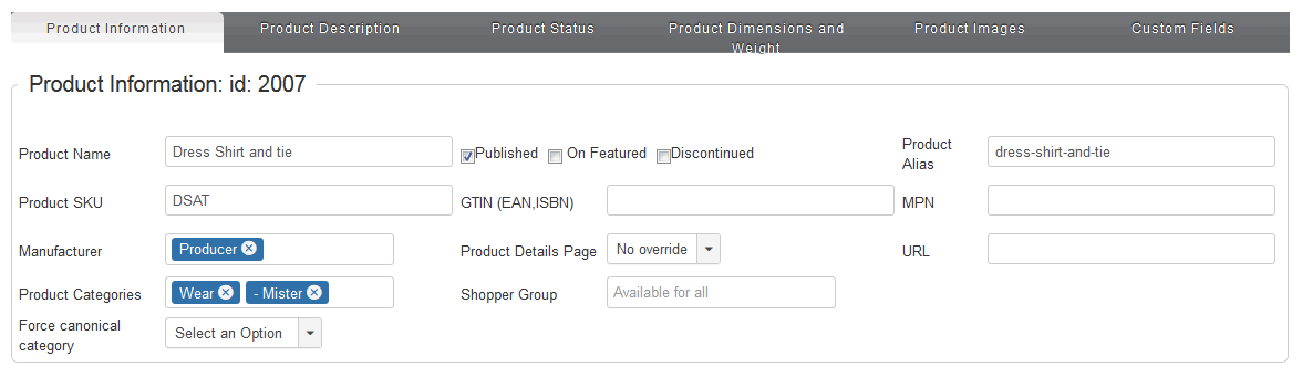 product edit information section