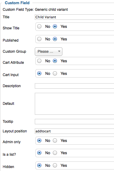 Create custom field for child cart variant
